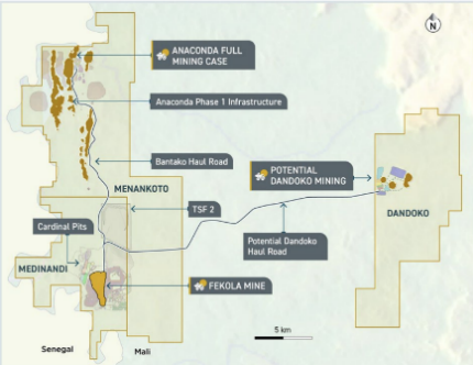 Detailed map showing the Fekola Mine location in Mali, highlighting nearby areas and B2Gold permits.