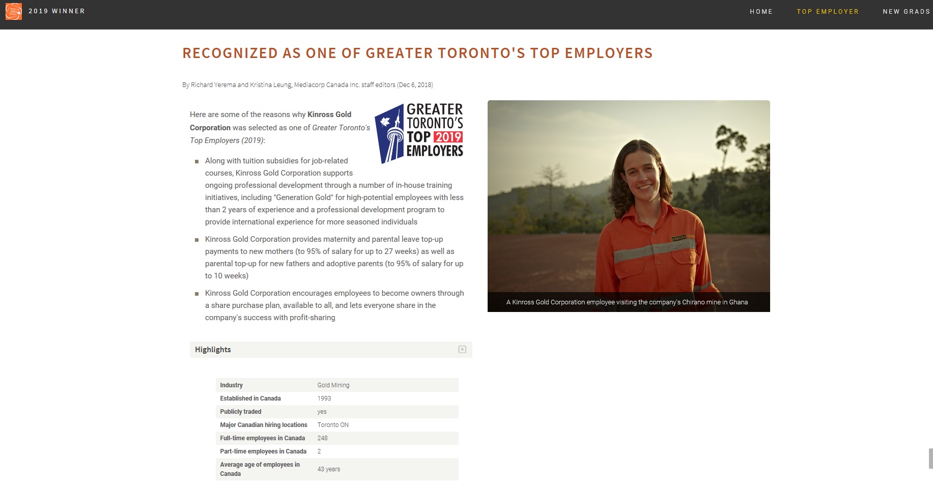 top employer kinross gold